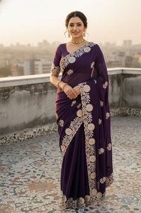 Indian Traditional Ethnic Vichitra Silk <b>Saree</b> with Embroidery Work for Women Wedding Party Wear Elegant Outfit - Product Image 3