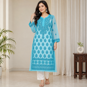 Trending Georgette <b>Chikankari</b> Kurti – Designer Sky Blue Floral Paisley Embroidered Long Ethnic Dress – Festive Ethnic Wear - Product Image 1