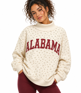 Sweat-shirt à col montant pour femme, écologique, avec logo brodé personnalisé, impression sérigraphiée sur toute la surface, motif gingham, lettres, en molleton de coton - Product Image 5