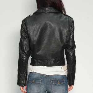 Black Leather Jacket Women Shiny Zipper Fashion OEM Pockets Customized Wholesale Genuine Leather Motorbike Jacket - Product Image 2