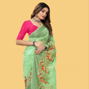 Sari en Soie Organza Premium – Broderie Multicolore avec Ornements en Pierres et Pallu à Pompons – Tenue de Soirée - Product Image 1