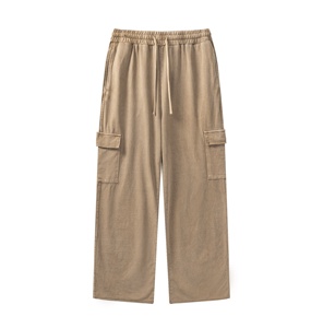 Pantalon cargo beige pour femme, coupe ample, longueur cheville, taille à cordon, couleur unie, style décontracté, en coton - Product Image 2