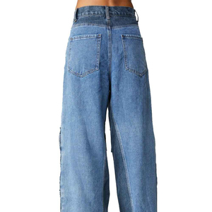 Prix de gros : Jean cargo en denim respirant à coupe droite et jambe large, personnalisé, de haute qualité, pour femme, grande taille, hiver, color block - Product Image 4