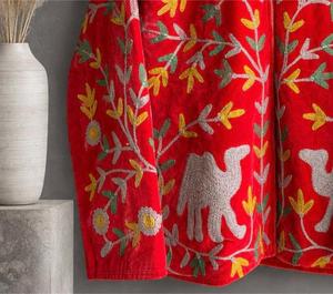 Ethnic Red Velvet Embroidered Jacket With Floral And Camel Pattern Full Sleeve <b>Stand</b> Collar Handmade Women's Winter <b>Coat</b> - Product Image 6