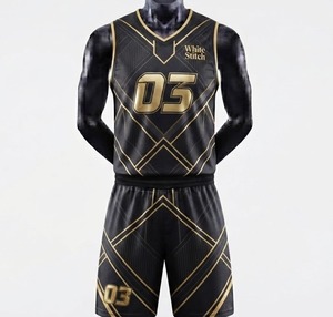 Ensemble de maillot de basket-ball pour femme White Stitch, imprimé géométrique noir et or, sans manches, col rond, respirant et anti-transpiration - Product Image 3