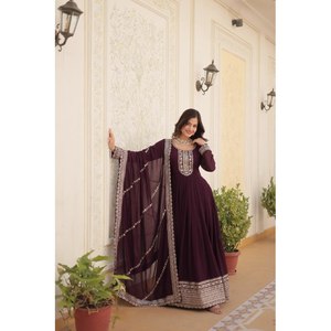 Rich <b>Sequins</b> Embroidered Ball Gown <b>Party</b> Wear with Empire Waistline Made of Organza Fabric - Product Image 3