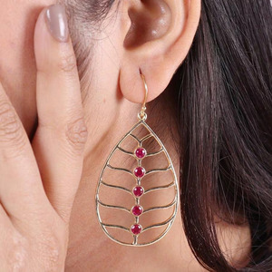 Big Teardrop Feather Style Gold Plated Brass Ruby <b>Earrings</b>, Pink gemstone statement pair for girlfriend gift - Product Image 3