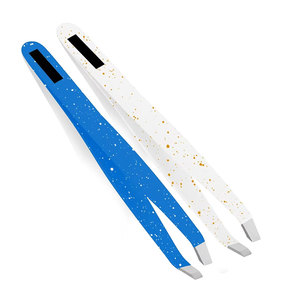 Pince à épiler professionnelle en acier inoxydable à pointe inclinée, blanche/bleue, pour cils volumineux et mise en forme des sourcils - Product Image 1
