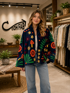 Handmade Winter <b>Navy</b> Cotton Velvet Suzani <b>Jacket</b> <b>Women</b> Floral Mushroom Embroidery Bohemian Ethnic Designer Boutique Outerwear - Product Image 4