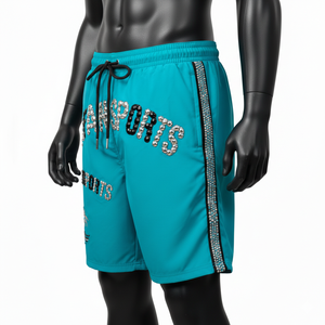 Shorts de baño de poliéster de secado rápido de alta calidad, 140 GSM, color verde azulado con franjas laterales negras y logotipo de diamantes de imitación, ropa de playa para hombre. - Product Image 4