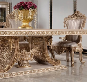 ชุดโต๊ะรับประทานอาหารไม้สักทรงสี่เหลี่ยมผืนผ้าสีทองหรูหราสไตล์ยุโรป พร้อมเฟอร์นิเจอร์แกะสลักสำหรับห้องรับประทานอาหาร ผลิตในอินโดนีเซีย - Product Image 3