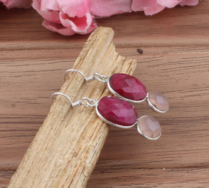 Boucles d'oreilles pendantes en pierre précieuse de quartz rose naturel de luxe, rubis, argent sterling 925, bijoux en gros, mode, femmes, mariage, anniversaire - Product Image 3