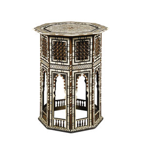 Table d'appoint octogonale artisanale de luxe en bois massif incrusté de nacre et d'os, style marocain maure - Product Image 1