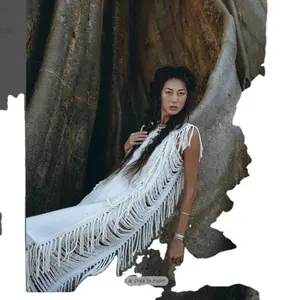 Gaun Slip Boho putih pakaian Festival anyaman tangan katun atasan Crop Bustier wanita gaun pantai Macrame