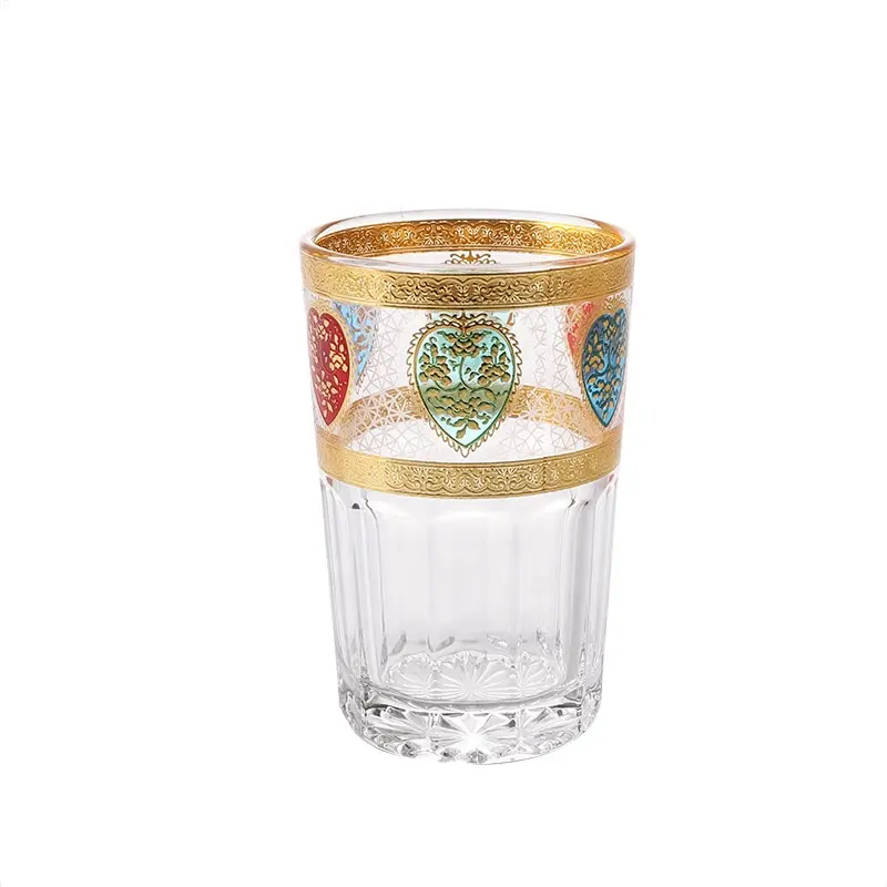 Tazza di vetro da 6 once di vendita calda in stile marocchino tazza da tè pressata soda-lime con stampa di decalcomanie in argento dorato set di bicchieri in vetro da 12 pezzi
