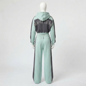 Conjunto de Sudadera Corta con Cremallera y Pantalones Anchos para Mujer, Color Verde Menta, Estilo Casual Urbano - Product Image 4