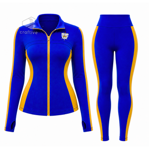 ชุดออกกำลังกายสีน้ำเงินสำหรับผู้หญิง Sigma Gamma Rho พร้อมแถบข้างสีทองตัดกัน เสื้อแจ็คเก็ตซิปเต็มตัว กางเกงเลกกิ้งเอวสูง ชุดออกกำลังกาย - Product Image 1