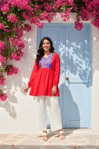 Túnica Elegante Roja de Georgette para Mujer, con Estampado, Largo Regular, Cuello en V, Manga Larga, Completamente Cosida, Estilo Occidental para Fiestas - Product Image 2