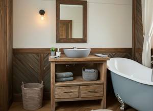 Meuble-lavabo compact en bois massif 2026 avec vasque simple, étagère ouverte et double tiroir de rangement – Fini naturel - Product Image 2