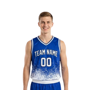 Ensemble uniforme de basketball motif éclaboussures pour hommes – Maillot sans manches col en V et short ample assorti – Personnalisation noms et numéros de joueur - Product Image 3