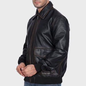 <b>Men</b> Vintage Style Genuine Leather <b>Jacket</b> Zipper Closure Casual Outdoor Regular Fit Soft Outerwear Stand Collar Front Logo - Product Image 3