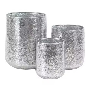 Ensemble de jardinières modernes en métal, finition texturée argentée, pour plantes vertes d'intérieur, design minimaliste, pot de fleurs. - Product Image 1