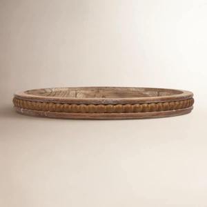 Plateau de service rond en bois brun naturel style Art déco moderne avec fonction coulissante, bord perlé décoratif, organisateur de table basse pour usage domestique - Product Image 4