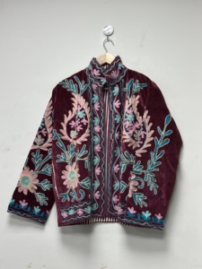 Maaunique Velvet Suzani Hand Embroidered Floral Winter Quick <b>Dry</b> 100% Cotton <b>Coat</b> Women Indian Style Handmade Uzbek Festival - Product Image 6