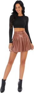 Jupe mini plissée en cuir taille haute pour femme, couleur unie, brillante, toutes saisons - Product Image 2
