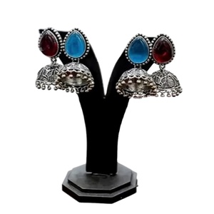 Wholesale Trendy Banjara Jhumka <b>Silver</b> Plated Brass Princess Cut Zircon Bezel Setting <b>Stud</b> <b>Earrings</b> for Women Engagement - Product Image 1