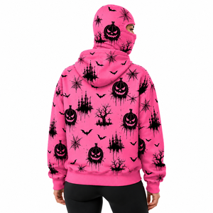 Sudadera con capucha rosa personalizada de Halloween con cremallera completa y estampado integral de calabazas, murciélagos, telarañas y castillos embrujados, sudadera extragrande para mujer - Product Image 4