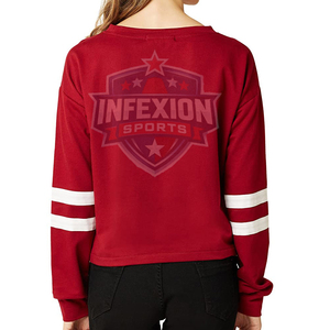 Sweat-shirt à col rond à manches longues rouge pour femme, couleur unie, en coton tricoté, haut décontracté avec des rayures blanches sur les manches - Product Image 4