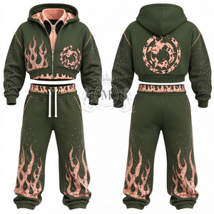 Conjunto Deportivo para Hombre con Estampado de Llamas en Serigrafía, 100% Algodón, Cremallera Completa, 450 Gsm, Sudadera Corta con Capucha, Pantalones Jogger, Corte Holgado Informal - Product Image 3