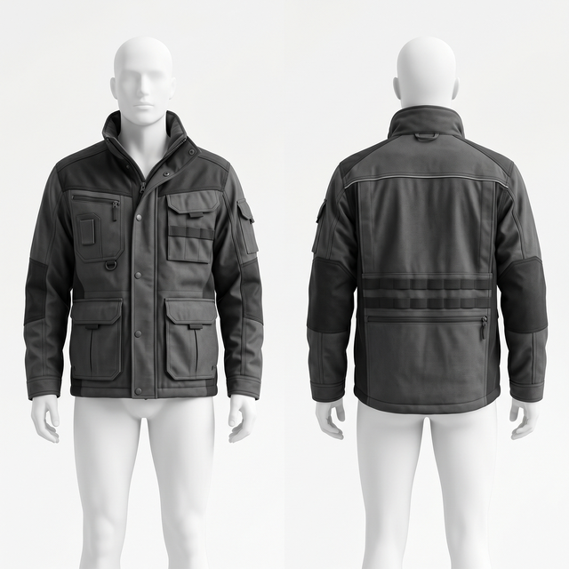 Premium 320 GSM Polyester Cotton Ripstop Work Jacket Black Grey Contrast Panel Custom Logo Utility Wear Embroidery Logo