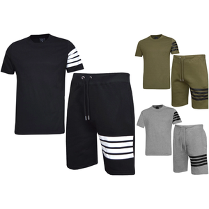 Men's Casual T-Shirt and Shorts <b>Set</b> Striped Design Crew Neck Cotton Spandex <b>Knitted</b> Breathable Summer Wear - Product Image 1