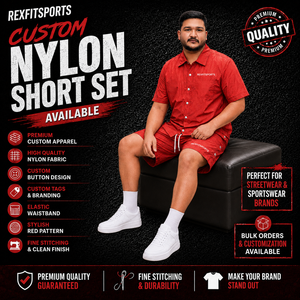 REXFIT SPORTS 2026 Ensemble short et chemise personnalisés pour homme en nylon rouge, chemise à manches courtes boutonnée à motif ton sur ton et short à cordon de serrage - Product Image 1