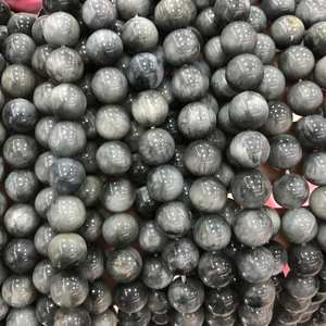 ลูกปัดหินตาเหยี่ยวสีดำเทา ลูกปัดพลอยทรงกลมธรรมชาติ สำหรับทำเครื่องประดับ งานฝีมือ DIY - Product Image 1