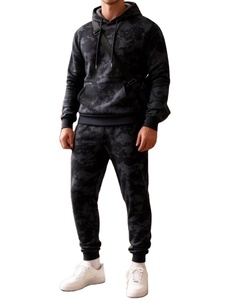 Men's Casual Tie-Dye Long Sleeve Hoodie Ribbed Sweatpants Set Winter Terry Fabric Quick Dry 100% Cotton Solid Color Pullover - Product Image 2