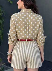 ONETEN APPARELS เสื้อเชิ้ตลายจุดวินเทจสำหรับผู้หญิงและกางเกงขาสั้นลายทางชุด 2 ชิ้น - Product Image 6
