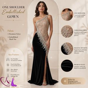 Robe de soirée sirène à une épaule |   Robe longue moulante de luxe brodée de perles avec fente haute, tenue de soirée élégante de créateur - Product Image 5