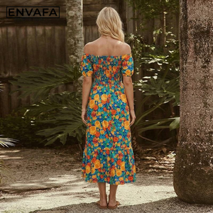 Robe longue personnalisée style bohème convertible deux-en-un, épaules dénudées, taille cintrée, imprimé floral, manches courtes pour femme - Product Image 2