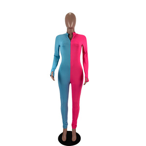 Mono de mujer de manga larga con bloques de color, cintura alta, cremallera, cuello alto, ajuste ceñido, largo completo, para discoteca, de elastano y poliéster - Product Image 1