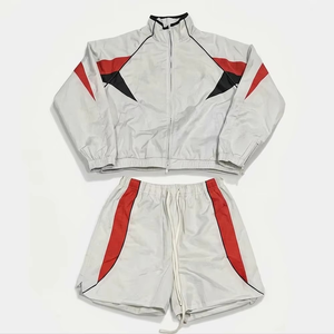 Men's Gray Red Black Color Blocking Track Suit <b>Set</b> Sporty Zip-Up Jacket Shorts Breathable <b>Knitted</b> Polyester Summer Wear - Product Image 1