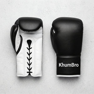 Guantes de boxeo de cuero KhumBro con cordones, negros y blancos, para entrenamiento de artes marciales, para adultos. - Product Image 3