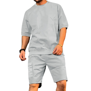 Ensemble de survêtement en coton noir pour hommes, manches courtes, col rond, couleur unie, décontracté, short d'été, coupe ample, léger et respirant - Product Image 3