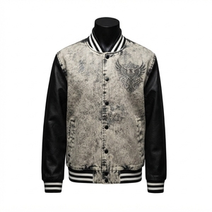 Blouson universitaire vintage abordable pour homme, délavé à l'acide, avec manches en cuir personnalisées, motif oiseau en strass, style bomber Letterman, streetwear - Product Image 1