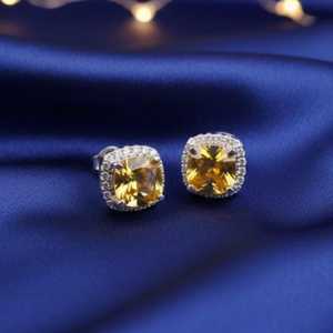 Boucles d'oreilles clous en citrine jaune, faites à la main, forme coussin ronde, en argent sterling 925, délicates, avec fermoir poussoir - Product Image 5