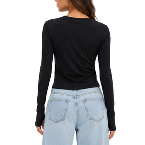 Chemisier décontracté pour femme à manches longues, coupe courte, avec découpes, taille drapée, extensible, ajusté, en tissu doux, personnalisable avec logo - Product Image 2
