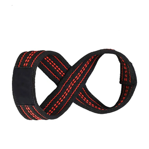 Correa de levantamiento de pesas en forma de 8, de nailon negro con costuras rojas, cierre de velcro, ajustable, para gimnasio, unisex. - Product Image 2