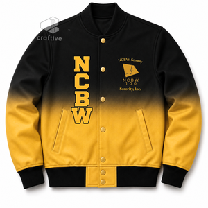 เสื้อแจ็คเก็ตวาร์ซิตี้ผ้าซาตินไล่เฉดสีสำหรับผู้หญิง NCBW Sorority ปักลายตัวอักษรกรีก กระดุมแป๊ก คอเสื้อและปลายแขนเสื้อถักแบบริบบิ้น เสื้อแจ็คเก็ตเลตเตอร์แมน - Product Image 1